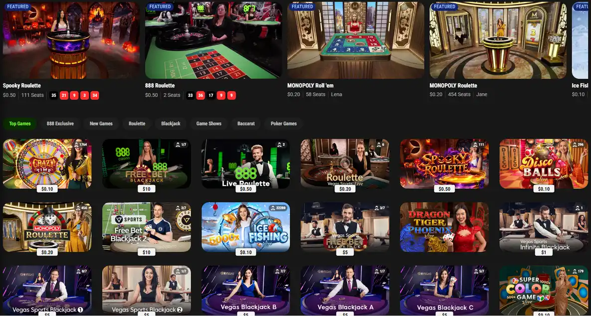 Лобби live-казино 888 Casino: рулетка, блэкджек и игровые шоу с живыми дилерами