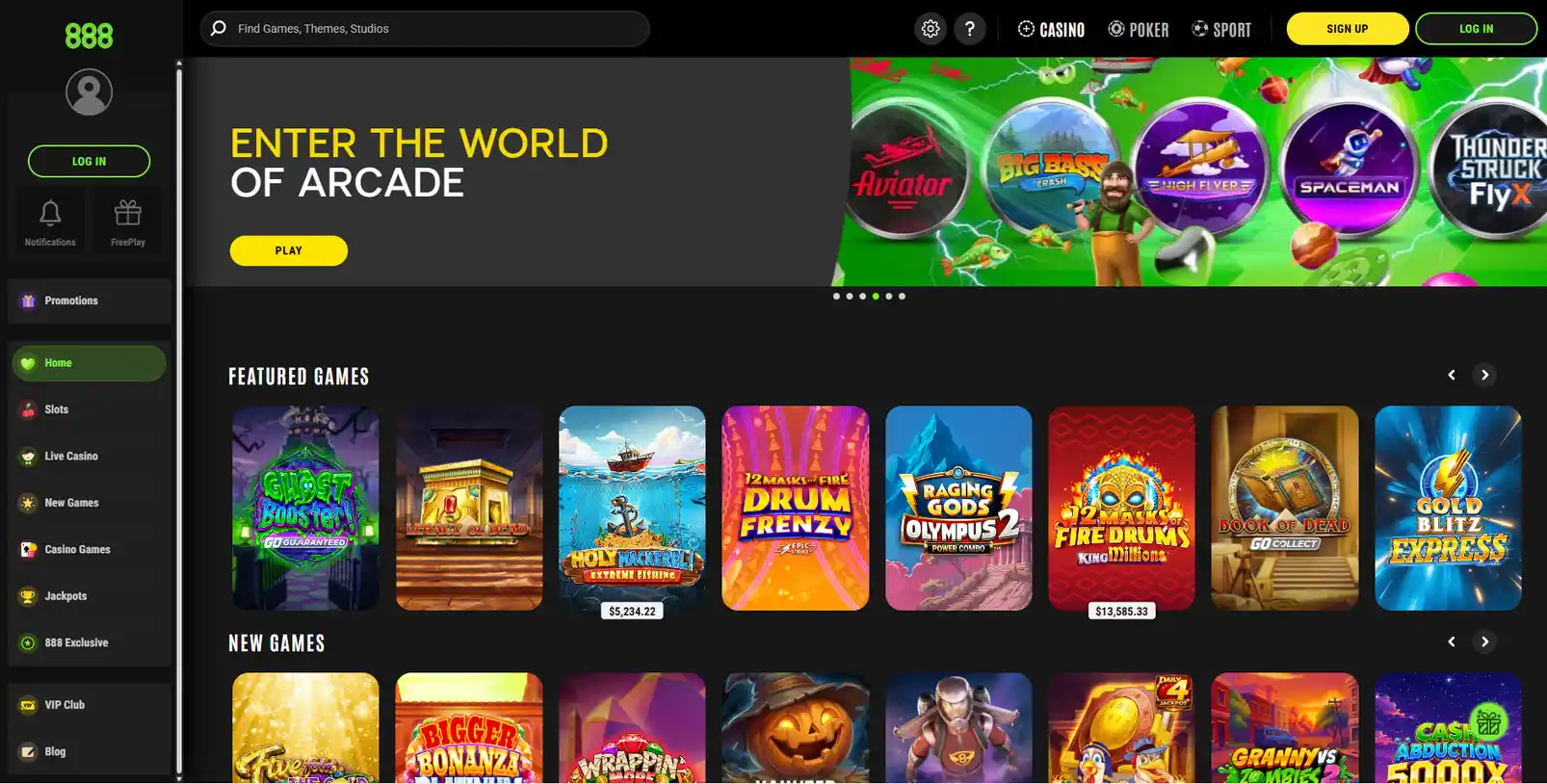 Главная страница 888 Casino: баннер, меню разделов и ряд популярных слотов