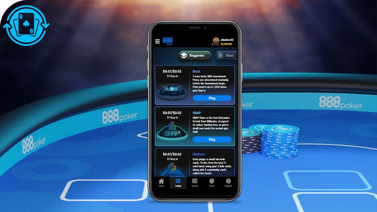 Мобильное лобби 888poker со столами Hold’em и форматами SNAP и BLAST
